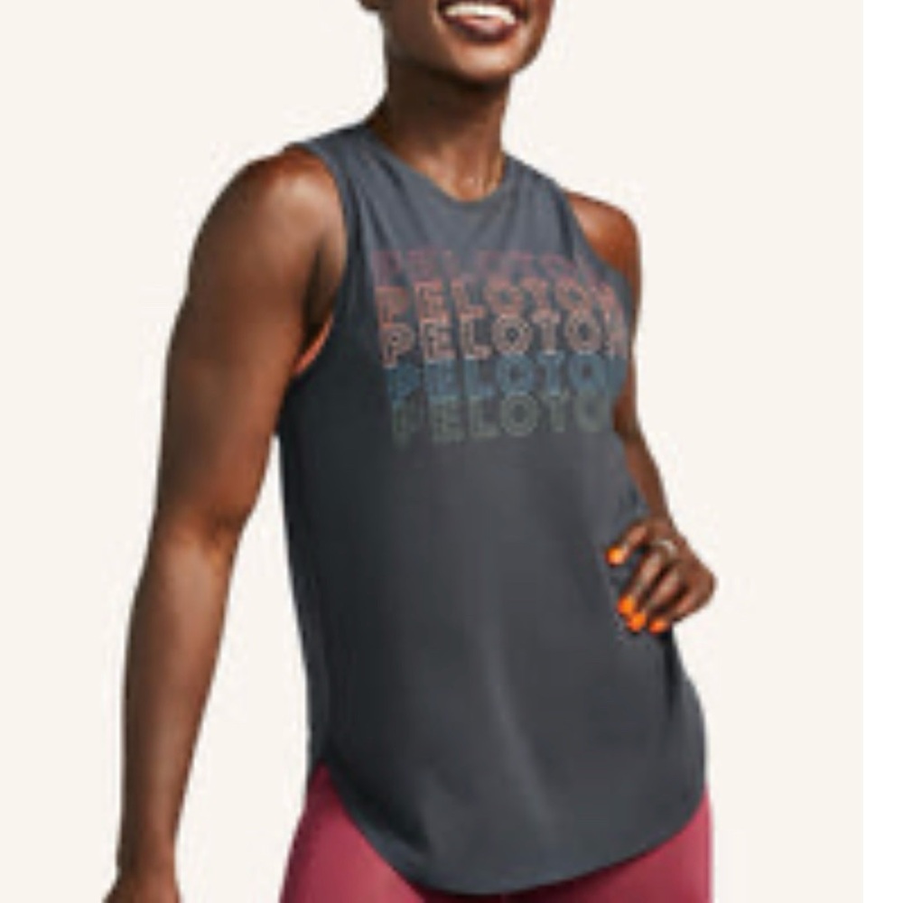 Peloton Scoop Muscle Tank in Black with Colorful Peloton Logo, sz M